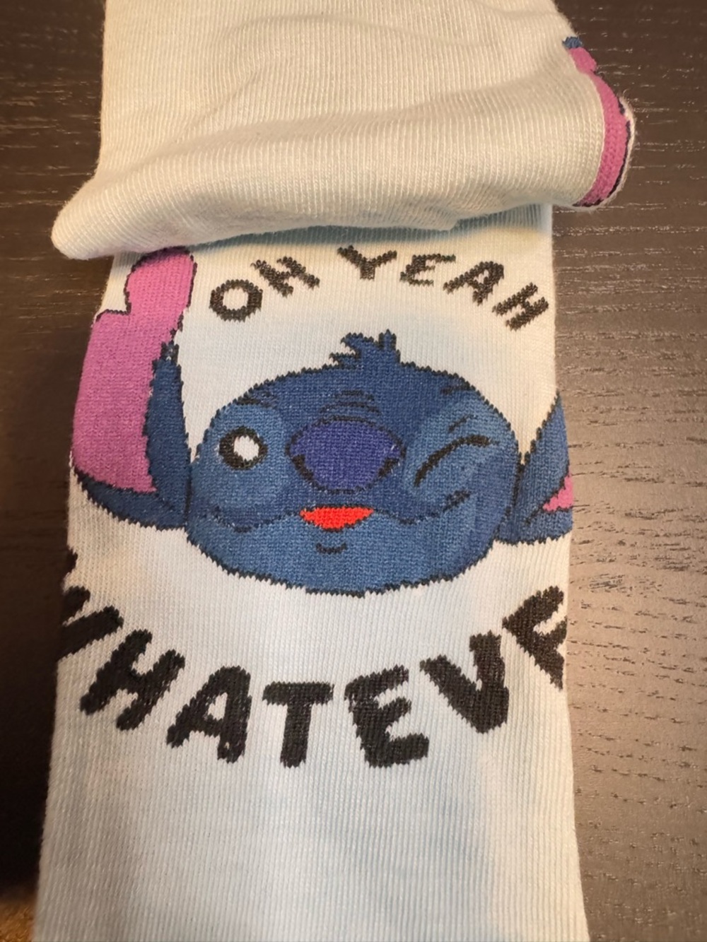 Disney Stitch Light Blue Pink Crew Socks - "Oh Yeah Whatever"